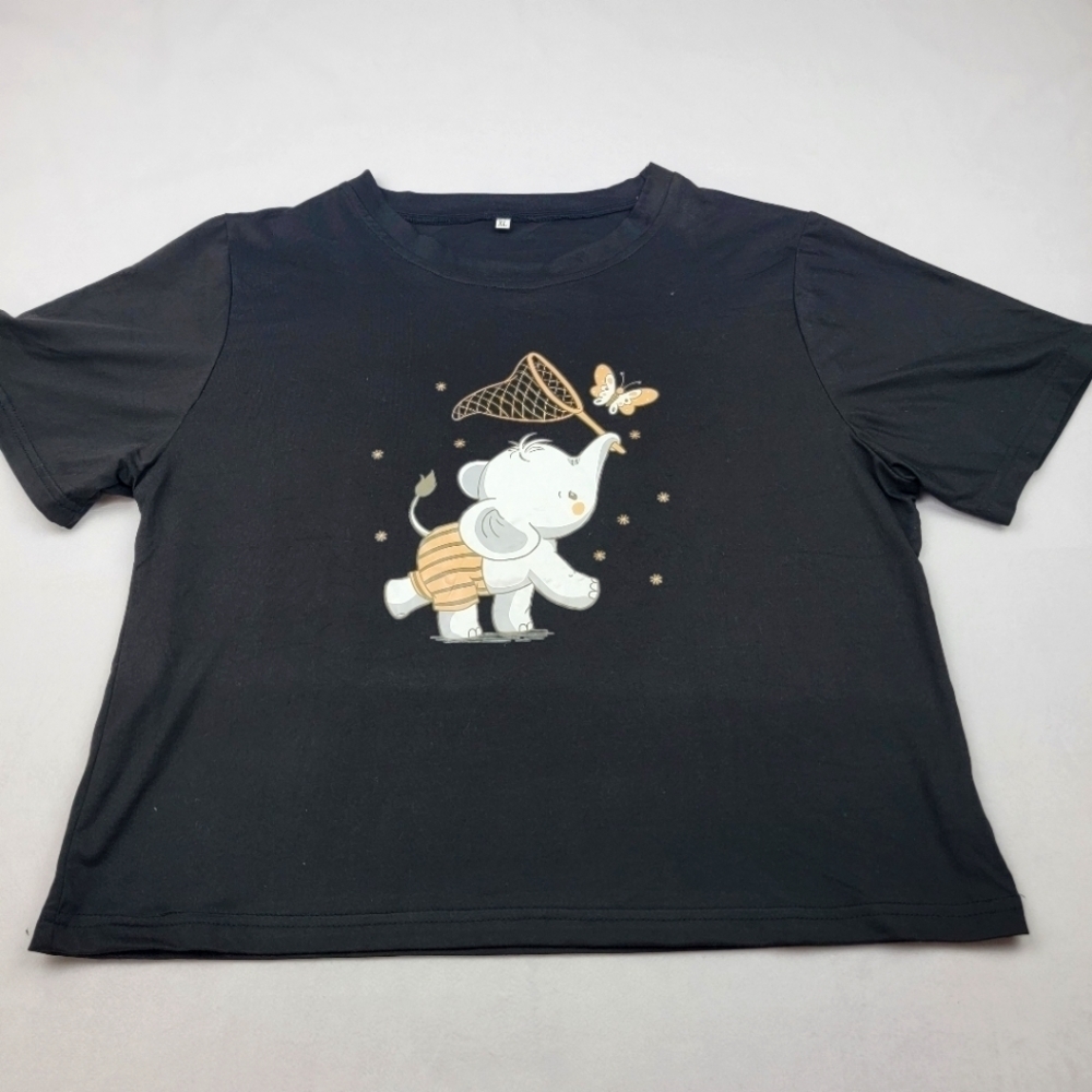 NWOT elephant chasing a butterfly black crop top